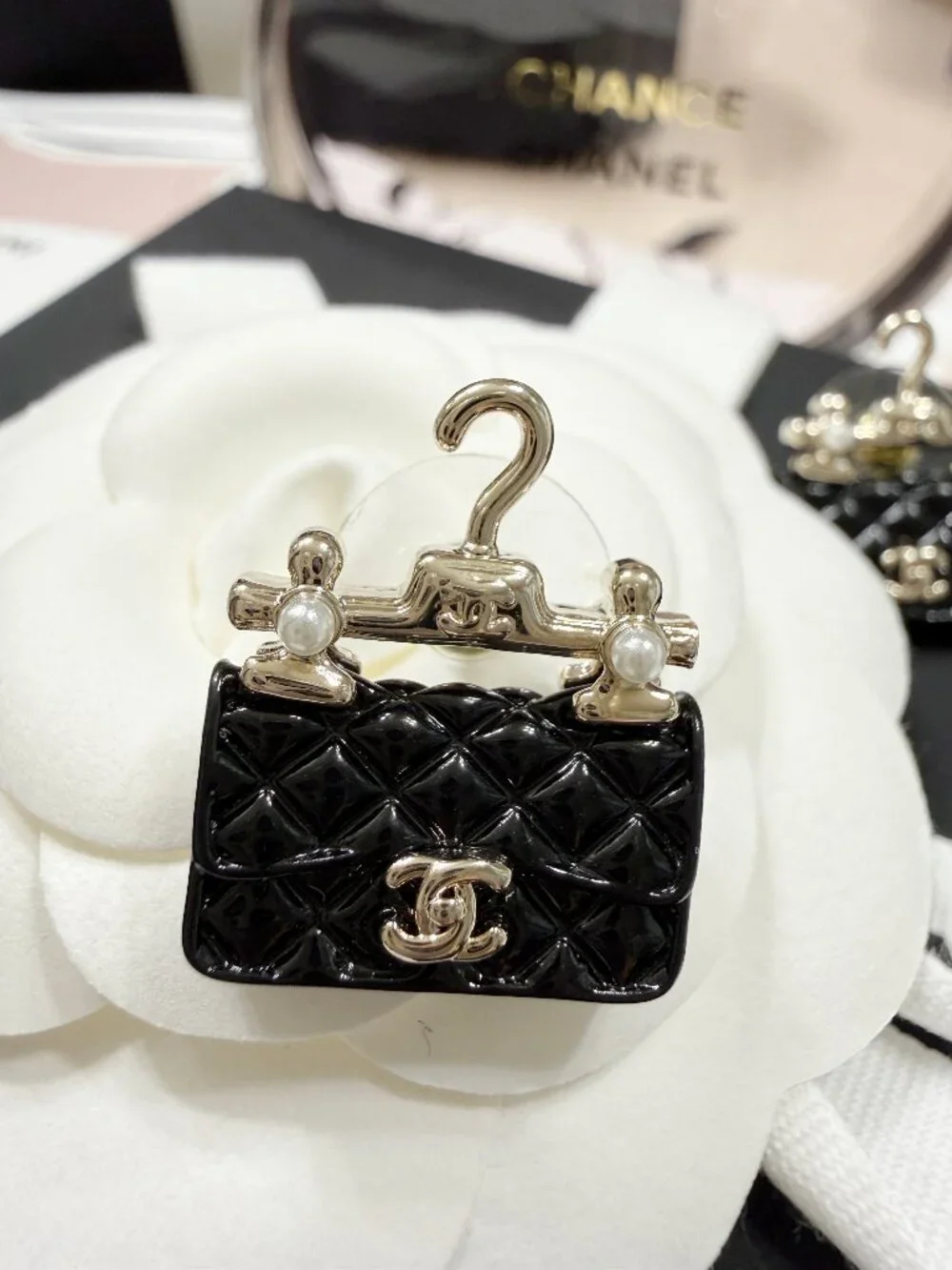 CHANEL Black Quilted Bag Hanger CC Stud Earrings
